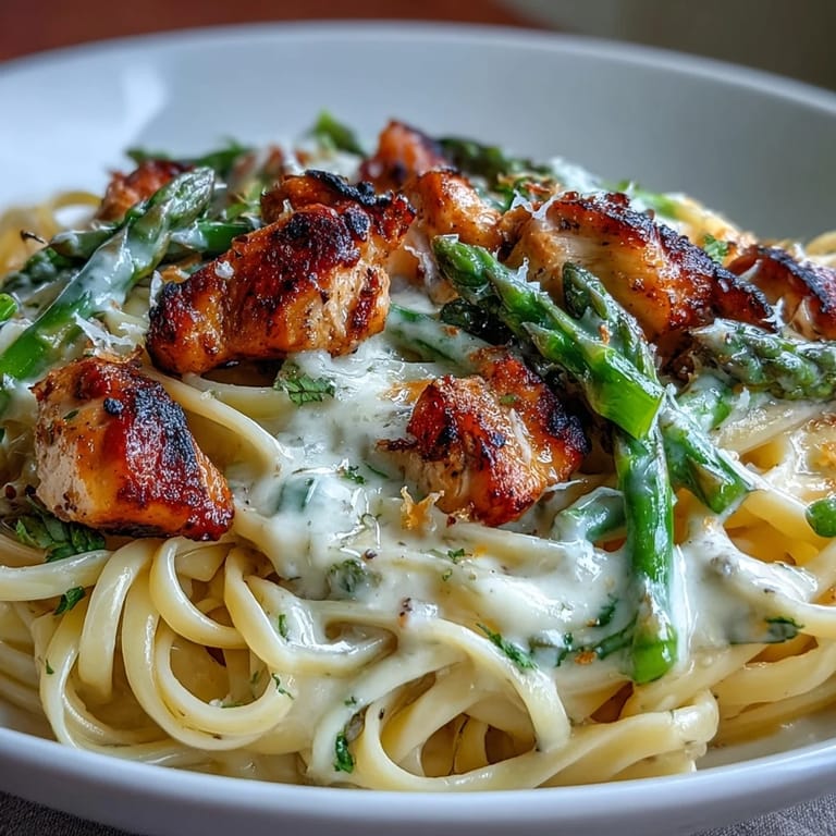 Steaming Creamy Asiago Chicken & Asparagus Pasta in a skillet, featuring a rich cheese sauce and al dente linguine.
