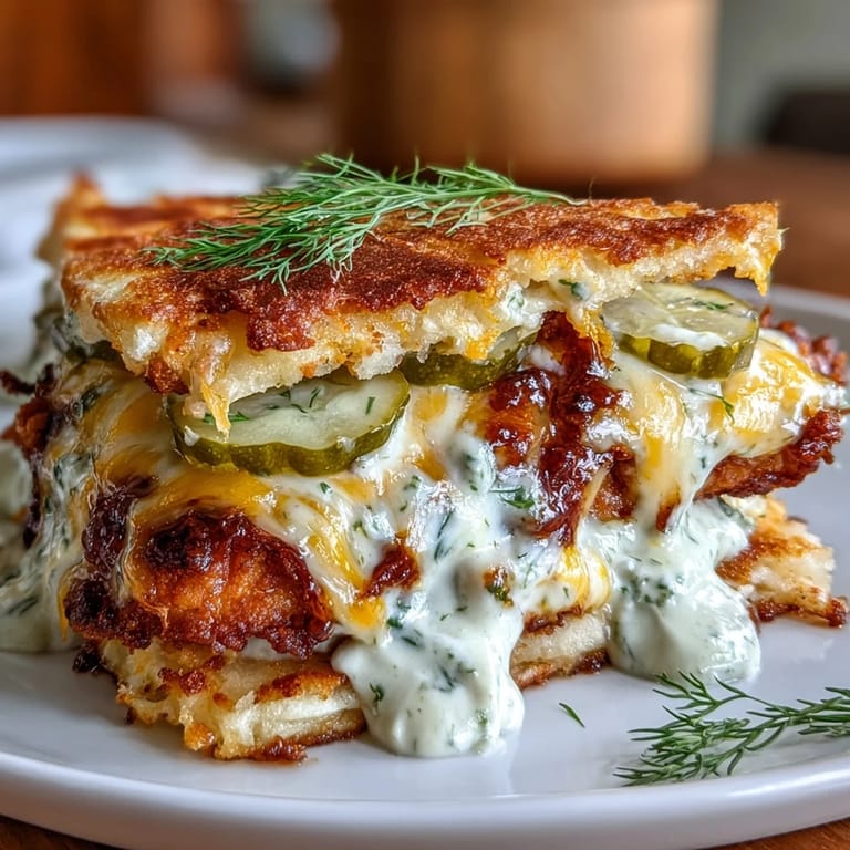 Ranch-seasoned smashed chicken tacos topped with crispy cheddar-Monterey Jack cheese lace, dill pickles, and zesty ranch dressing.  