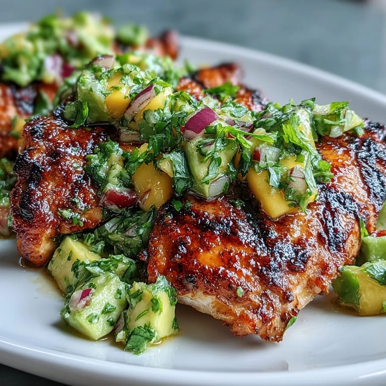A close-up shot of grilled chicken with diced mango and avocado topping.