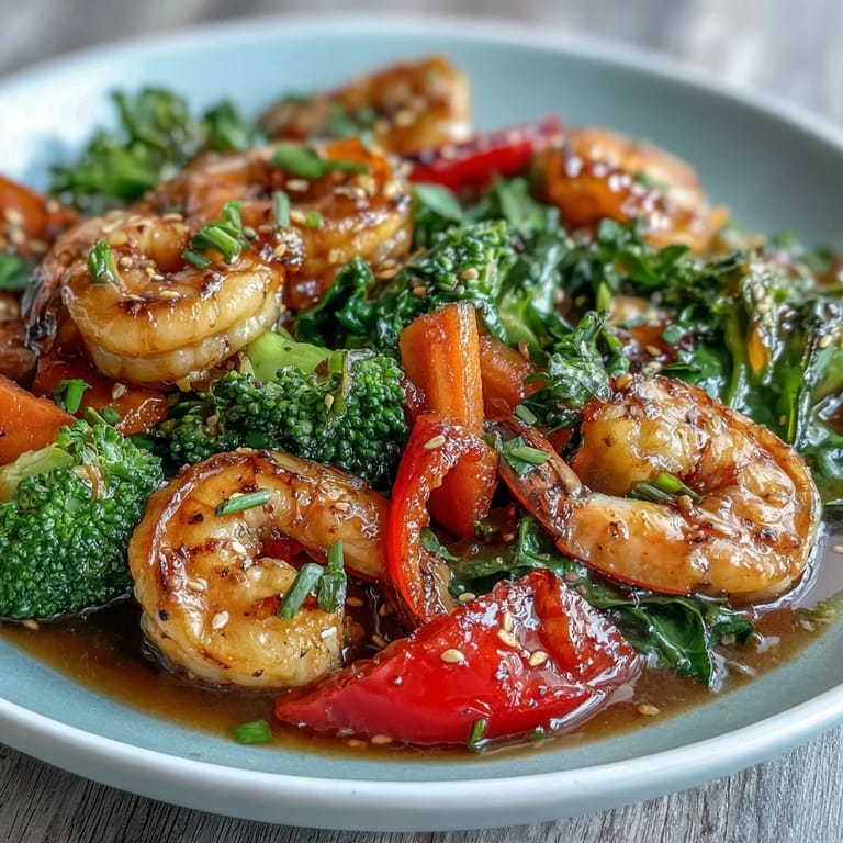 Juicy shrimp and crisp veggies sizzling in a savory Asian-inspired sauce, plated with light cauliflower rice for a nutritious meal.