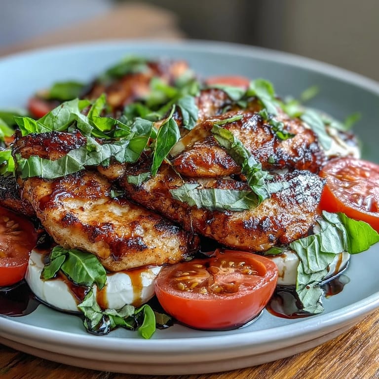 Colorful summer salad featuring juicy grilled chicken breast, creamy mozzarella, and fresh basil, topped with tangy balsamic reduction.