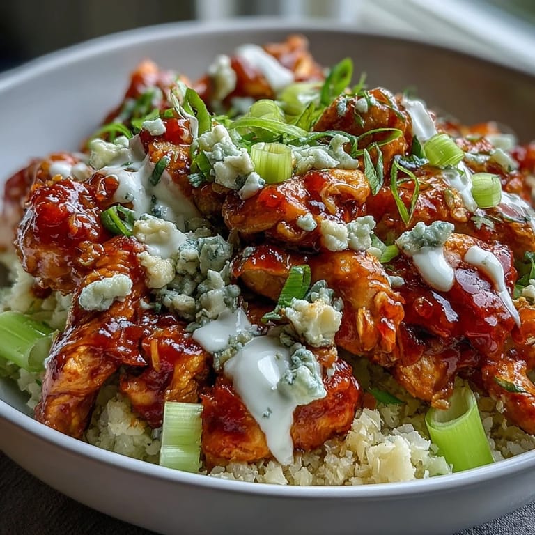 Spicy buffalo chicken served over cauliflower rice with fresh celery, carrots, and tangy ranch dressing for a satisfying keto dinner.