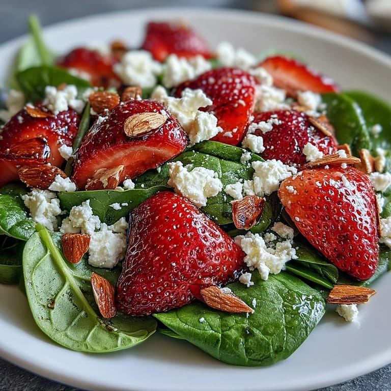Sweet strawberries and tender baby spinach topped with crumbled feta and crunchy toasted almonds, perfect for a light summer meal.  