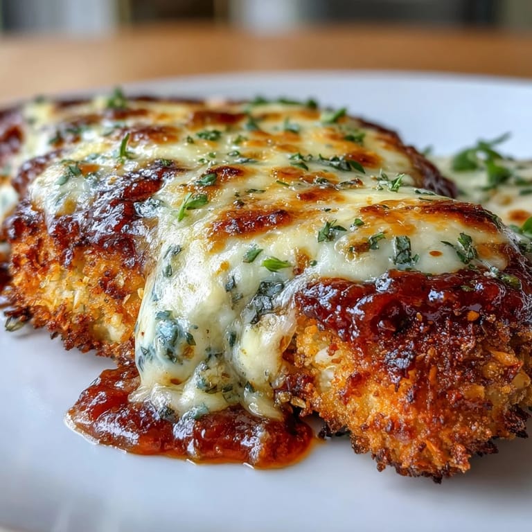 Lightened-up Italian chicken parmesan with tender baked cutlets and fresh zucchini noodles for a healthy dinner.