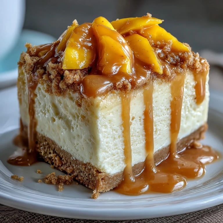 Vibrant mango cheesecake with marbled puree and a crisp biscuit base, ideal for summer gatherings.