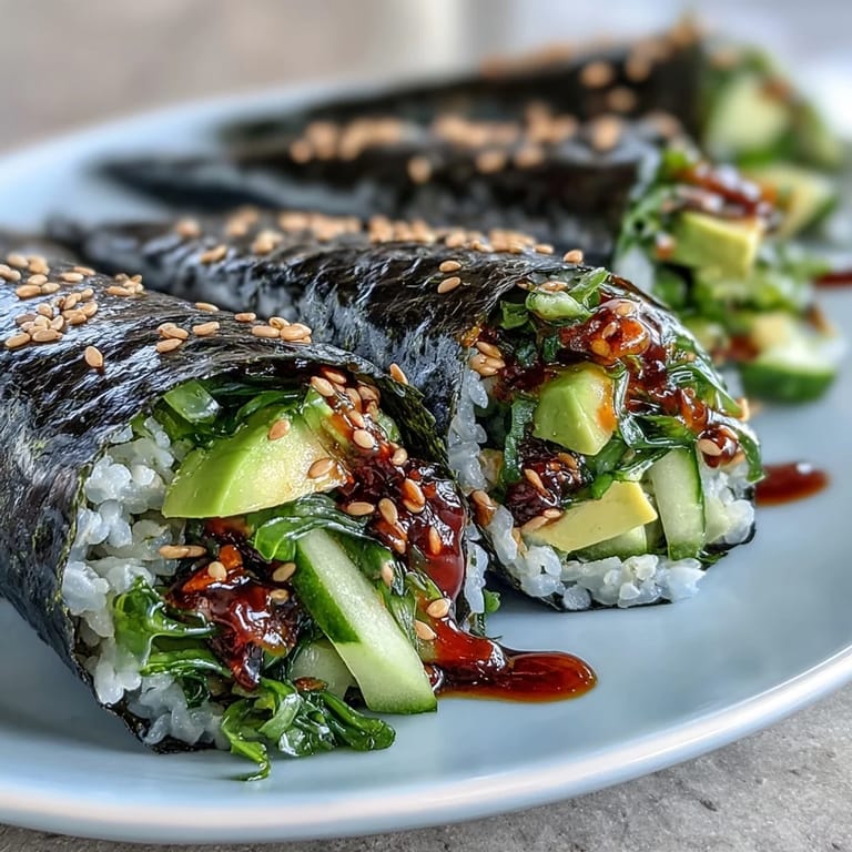 Crunchy nori wraps around sushi rice, seaweed salad, cucumber, and creamy spicy mayo in these handheld Japanese rolls.
