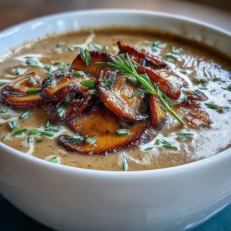 Luxurious bowl of Wild Mushroom Bisque, rich with earthy wild mushrooms, a hint of sherry, and a silky cream finish.  