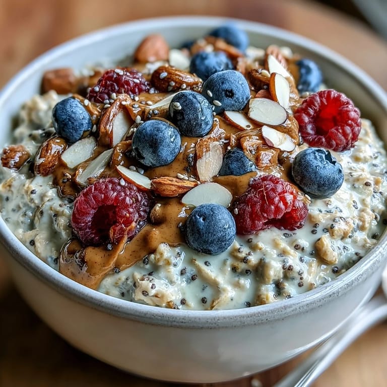 Make-ahead overnight oats with vibrant berries and rich almond butter for a wholesome morning meal.
