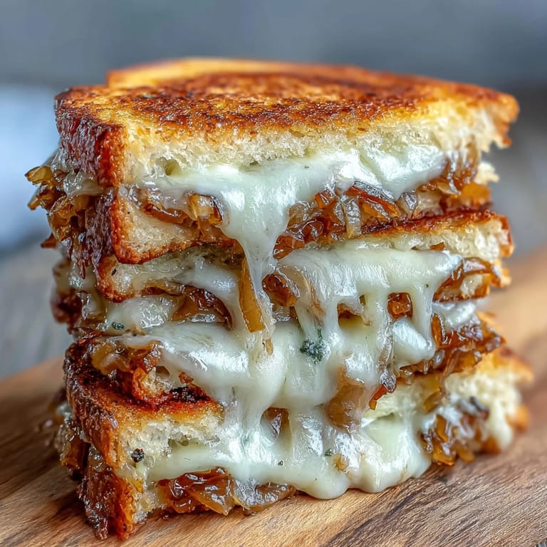 Golden sourdough bread grills to perfection, stuffed with rich Gruyere and deeply caramelized onions for a comforting sandwich.