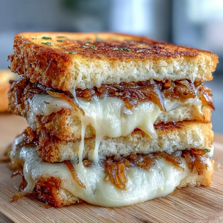 Crispy sourdough encases melty Gruyere and sweet, savory caramelized onions for a satisfying vegetarian grilled cheese twist.