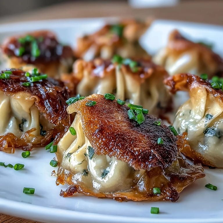 Golden-fried dumplings with rich caramelized onion filling and bubbling Gruyère cheese, served with a savory broth drizzle.
