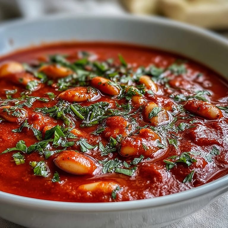 Creamy Mediterranean-inspired roasted red pepper and white bean soup served with crusty gluten-free bread for a comforting vegetarian meal.