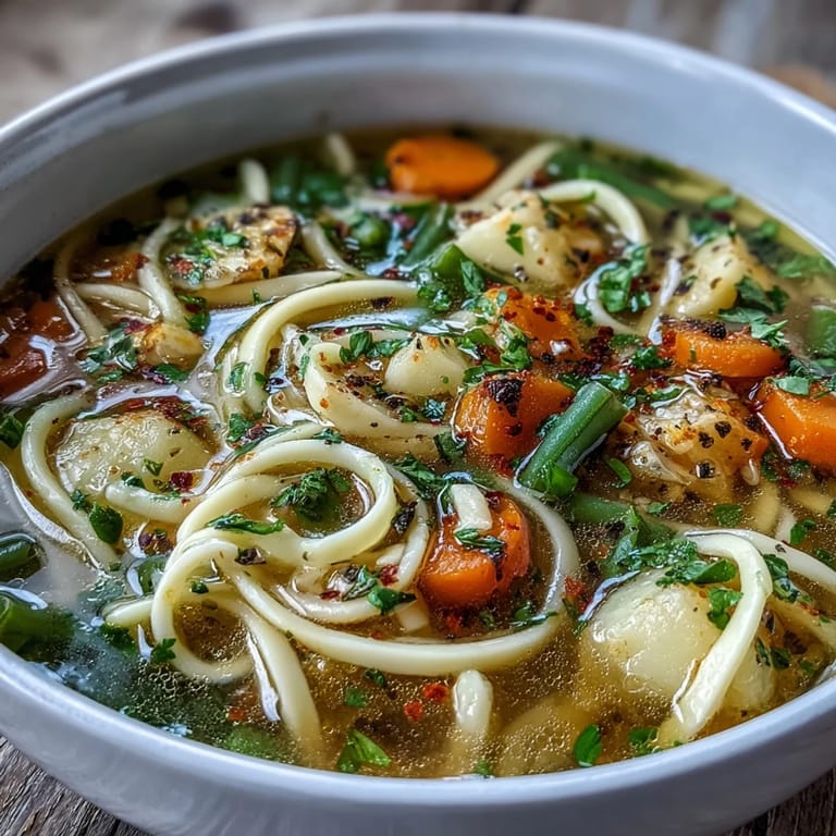 Cozy bowl of simple vegetable noodle soup, packed with seasonal veggies and comforting egg noodles.