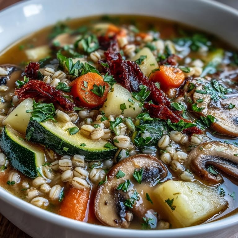 Cozy bowl of rustic vegetable barley soup with mushrooms, packed with wholesome barley, seasonal vegetables, and aromatic herbs.
