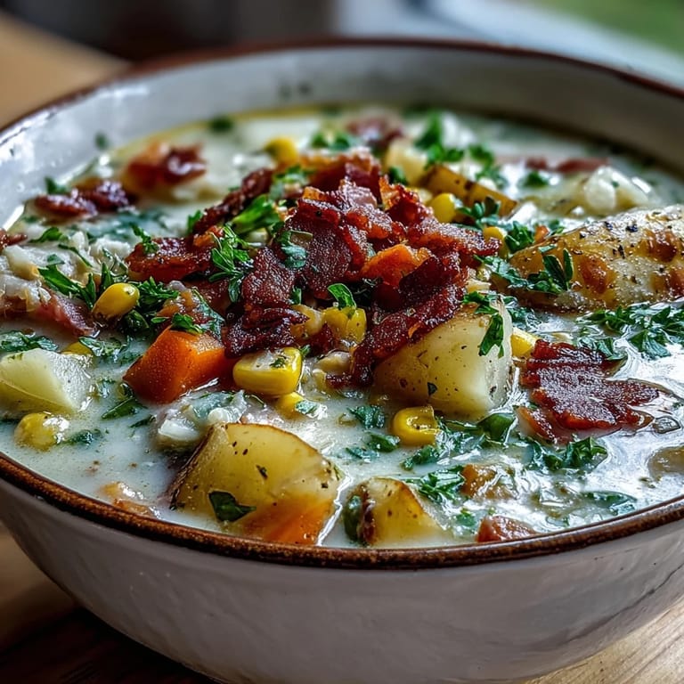 A comforting bowl of light ham and potato chowder, garnished with fresh parsley and packed with diced ham and vegetables.  