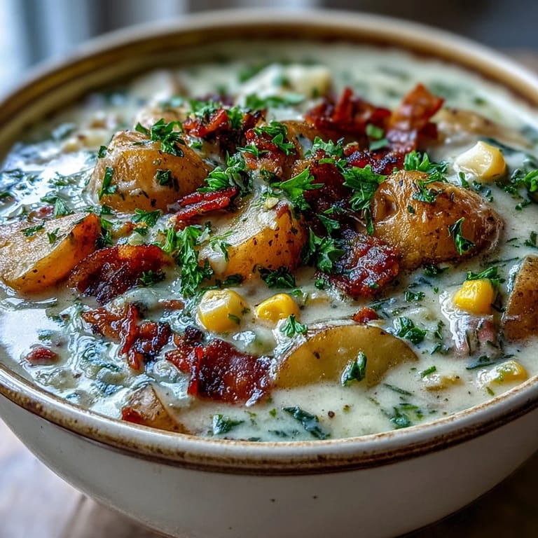 Warm and hearty light ham and potato chowder with Yukon Gold potatoes, sweet corn, and celery in a creamy, flavorful base.