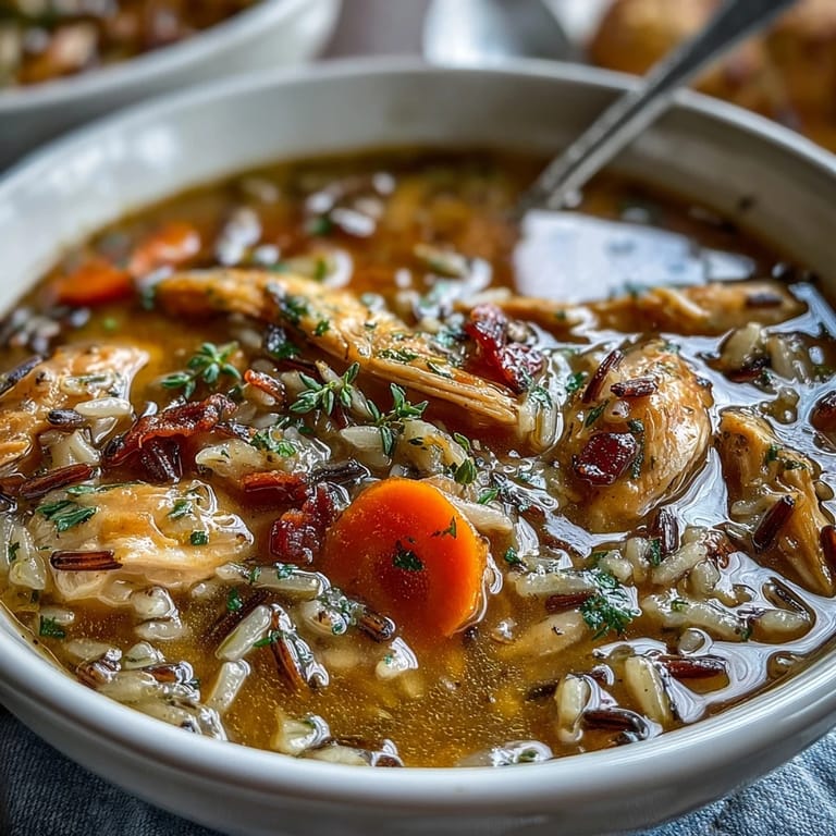 Comforting Chicken and Wild Rice Soup filled with shredded chicken, hearty wild rice, and fresh carrots, perfect for cozy meals.