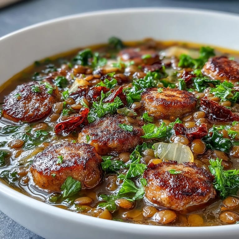 Nutritious spicy sausage and lentil soup with kale, simmered in rich tomato broth for a satisfying gluten-free meal.
