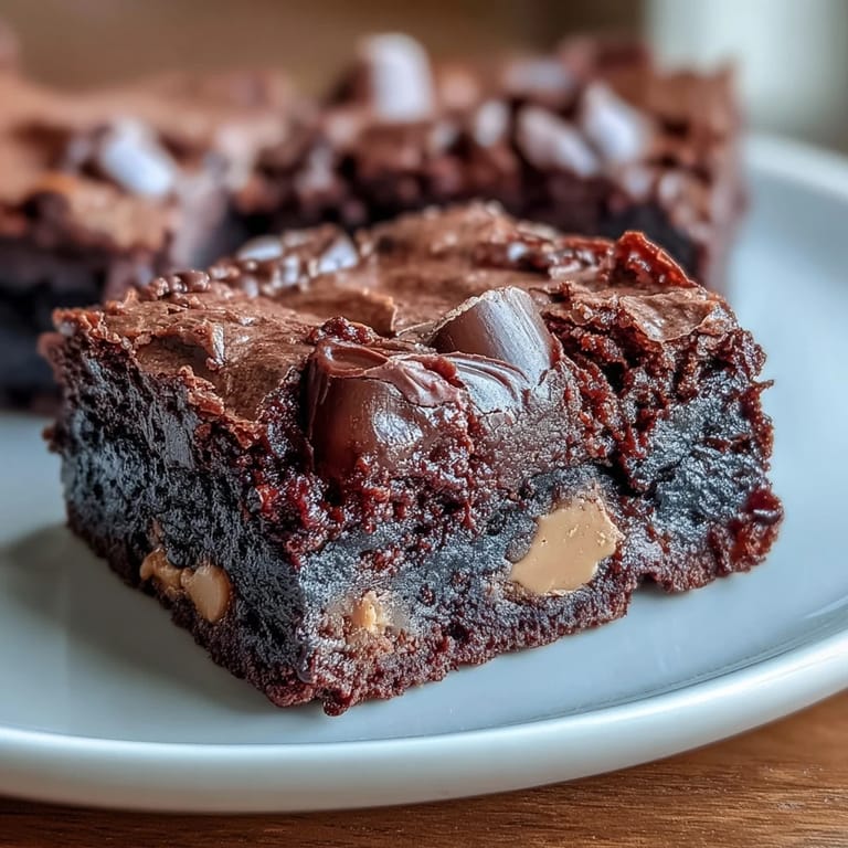 Decadent peanut butter cup stuffed brownies with gooey chocolate chips, offering a sweet and salty flavor combination in every bite.