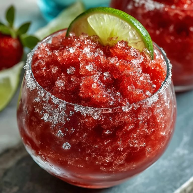 Refreshing frozen strawberry lime mocktail, perfect for summer gatherings, served in a sugar-rimmed glass.  