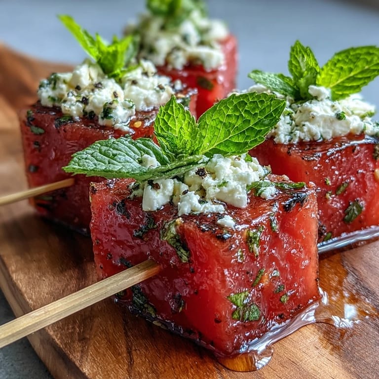 Juicy watermelon cubes paired with creamy feta and mint on skewers, drizzled with olive oil, ready to serve at your next summer gathering.