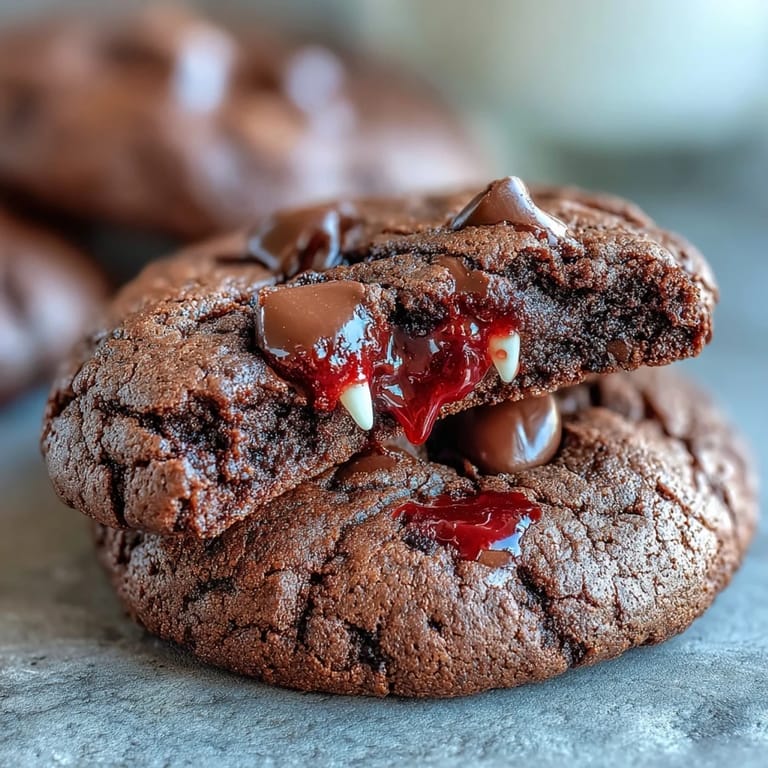 Decadent dark chocolate cookies with white candy fangs and edible blood, ideal for Halloween parties and vampire-themed gatherings.