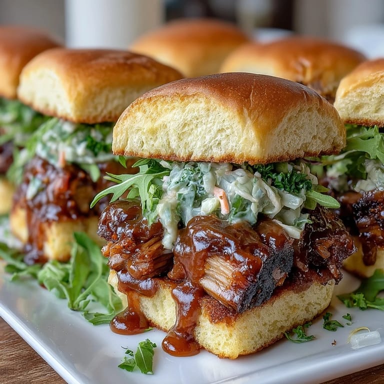 Tender BBQ baby shower pulled pork sliders topped with crunchy coleslaw, ideal for casual celebrations and finger food buffets.