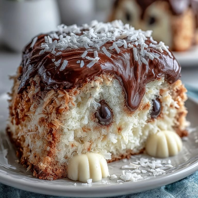 A whimsical bunny-shaped cake covered in sweetened shredded coconut fur and decorated with colorful jelly bean paws and tail, ideal for Easter dessert tables.