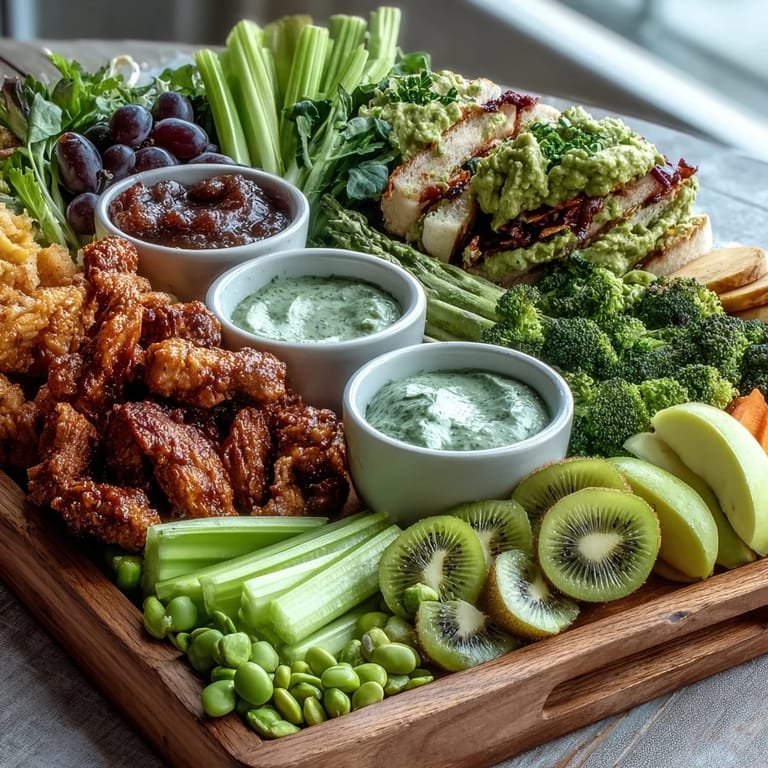 Festive St. Patricks Day platter featuring an array of green vegetables, savory snacks, and creamy dips for sharing.