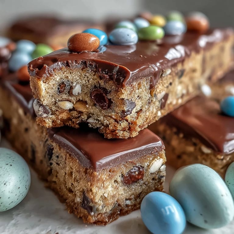 Golden-baked cookie bars studded with chopped Cadbury eggs and pastel M&Ms, a delightful Easter or spring dessert.