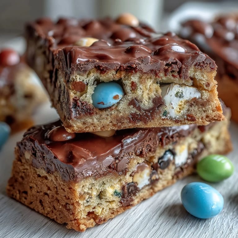 Soft, gooey cookie bars loaded with Cadbury mini eggs and colorful M&Ms, ideal for festive gatherings or sweet treats.