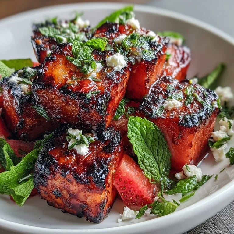 Refreshing grilled watermelon salad topped with crumbled feta, fresh mint, and balsamic drizzle for Mediterranean flair.