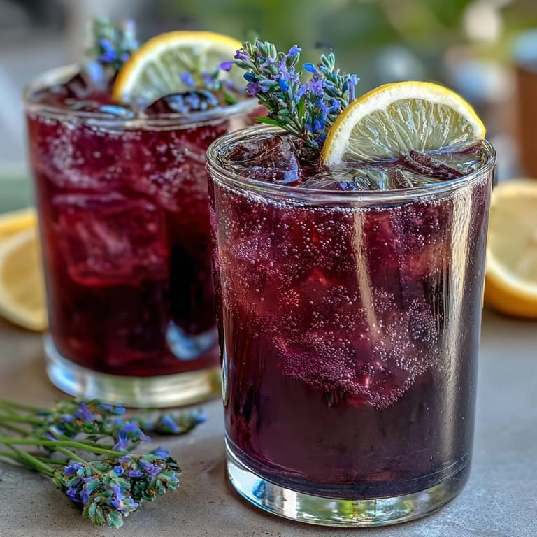 A vibrant purple lavender lemonade refresher, combining fresh lemon juice, sweet grape juice, and calming lavender for a visually striking and deliciously floral drink.