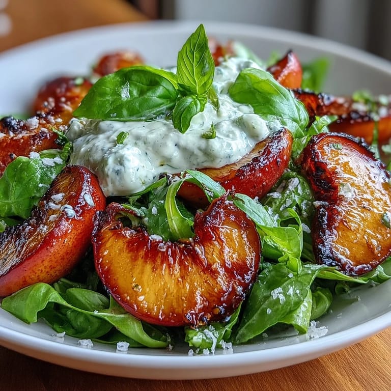 Sweet grilled peaches paired with burrata and honey create a colorful, flavorful summer salad.