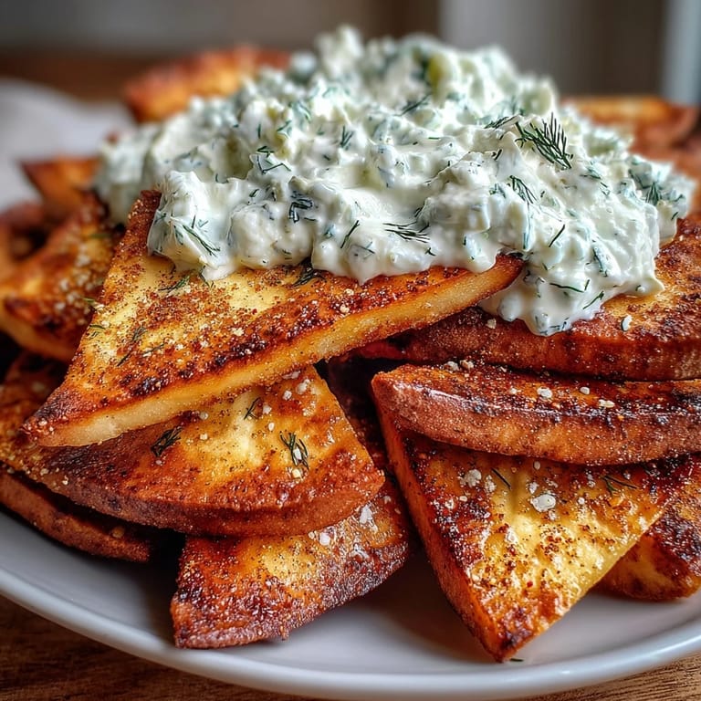 Golden baked pita triangles served alongside cool, refreshing tzatziki sauce for a satisfying Mediterranean snack.