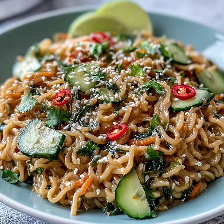 Chilled sesame noodles with crisp cucumber, carrots, and herbs in a rich, nutty dressing for summer.  