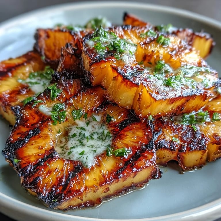 Sweet grilled pineapple slices melting with spicy yuzu kosho butter, garnished with mint.