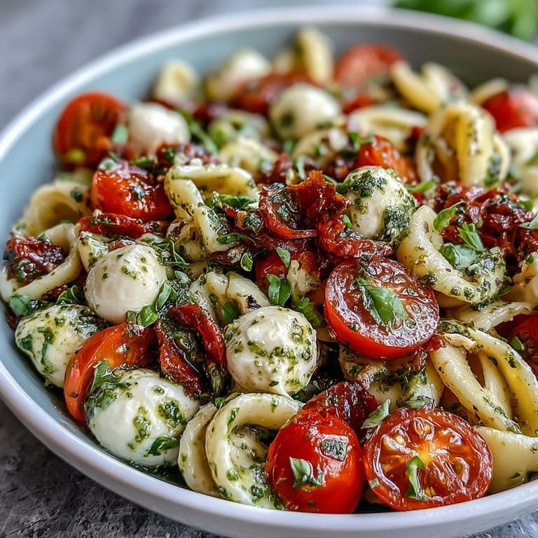 Fresh Caprese Pasta Salad featuring bright pesto and tender mozzarella bites.