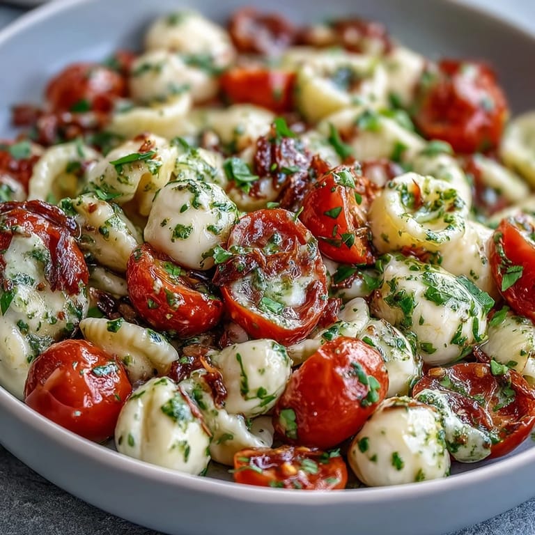 Summer Caprese Pasta Salad with fresh basil and colorful cherry tomatoes.
