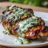 Grilled Salsa Verde Pepper Jack Chicken with melted cheese and fresh cilantro garnish on a serving platter.
