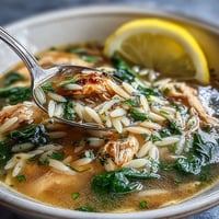 A steaming bowl of lemon chicken orzo soup with tender chicken, fresh spinach, and orzo pasta in a bright, citrusy broth.