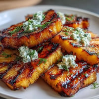 Caramelized grilled pineapple with vibrant yuzu kosho butter, a sweet and zesty tropical delight.